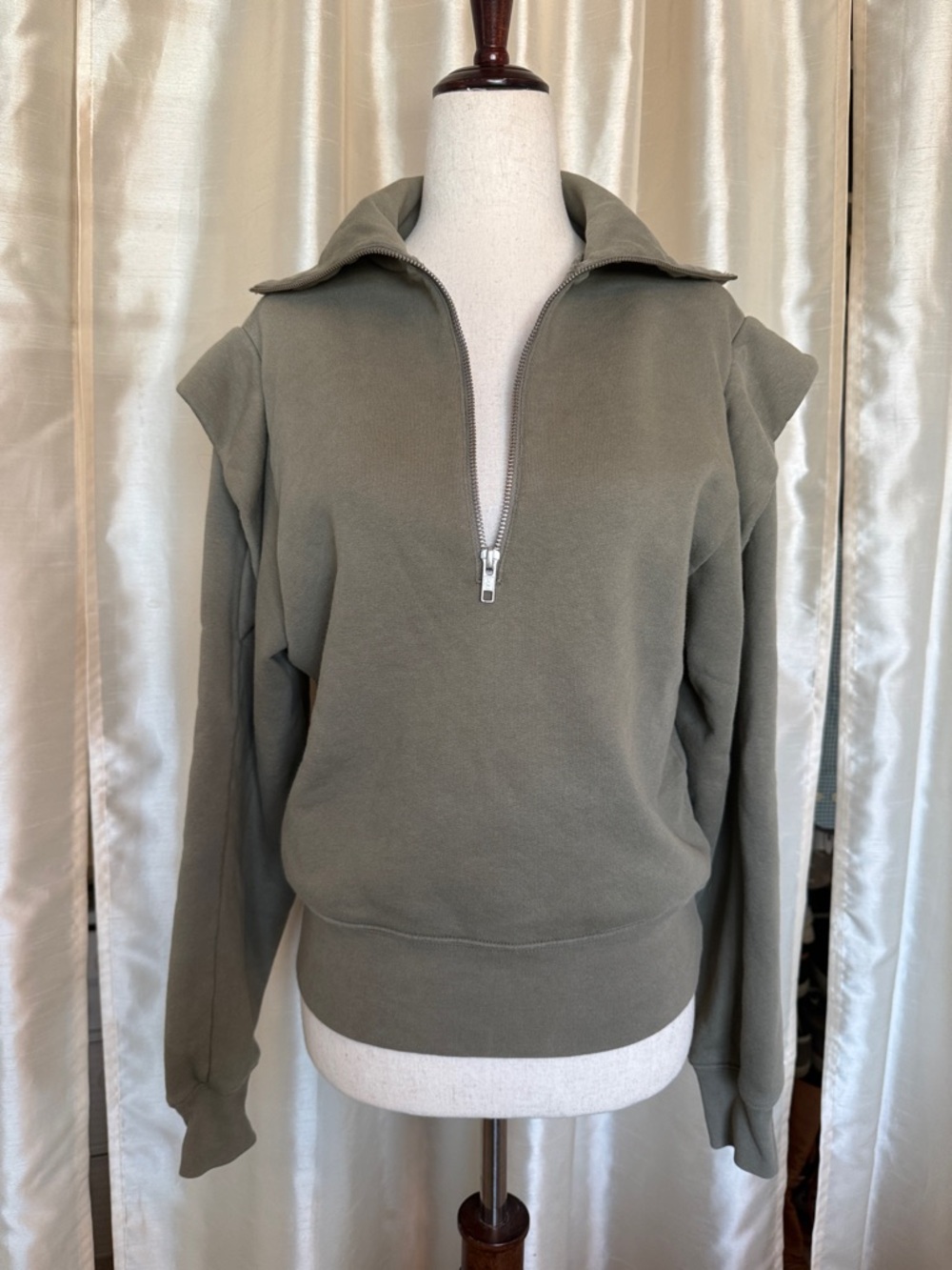 FRAME Sporty Half Zip  Ruffle Shoulder Detail Sweatshirt Military Green S EUC